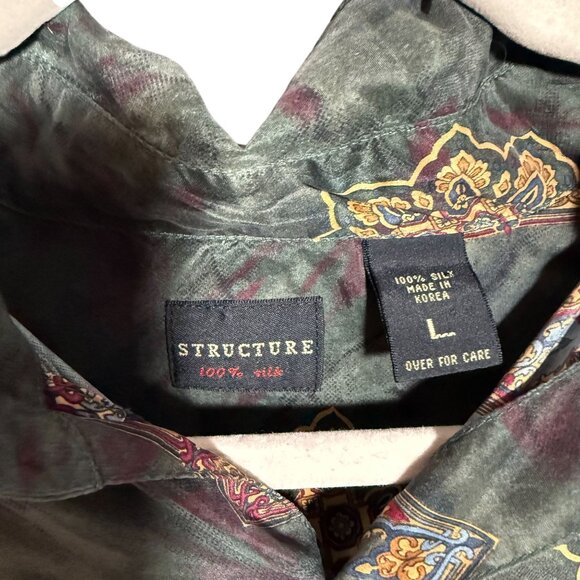 Vintage Structure 100% Silk Abstract Festival Button Down Shirt Men's Large - Picture 2 of 7